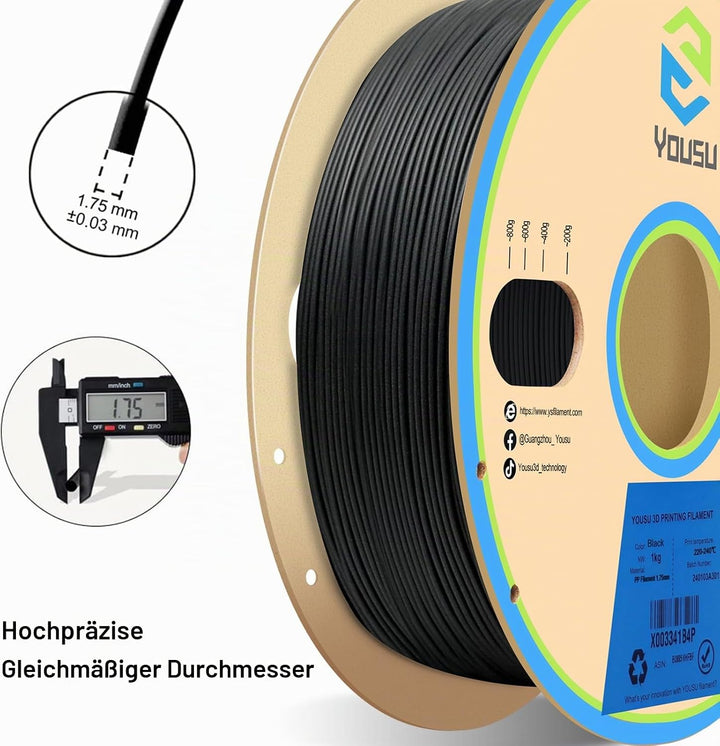 YOUSU Polypropylene PP Filament 1.75mm (± 0.03) for 3D Printer Included Build Sheet, Semi-Flexible U