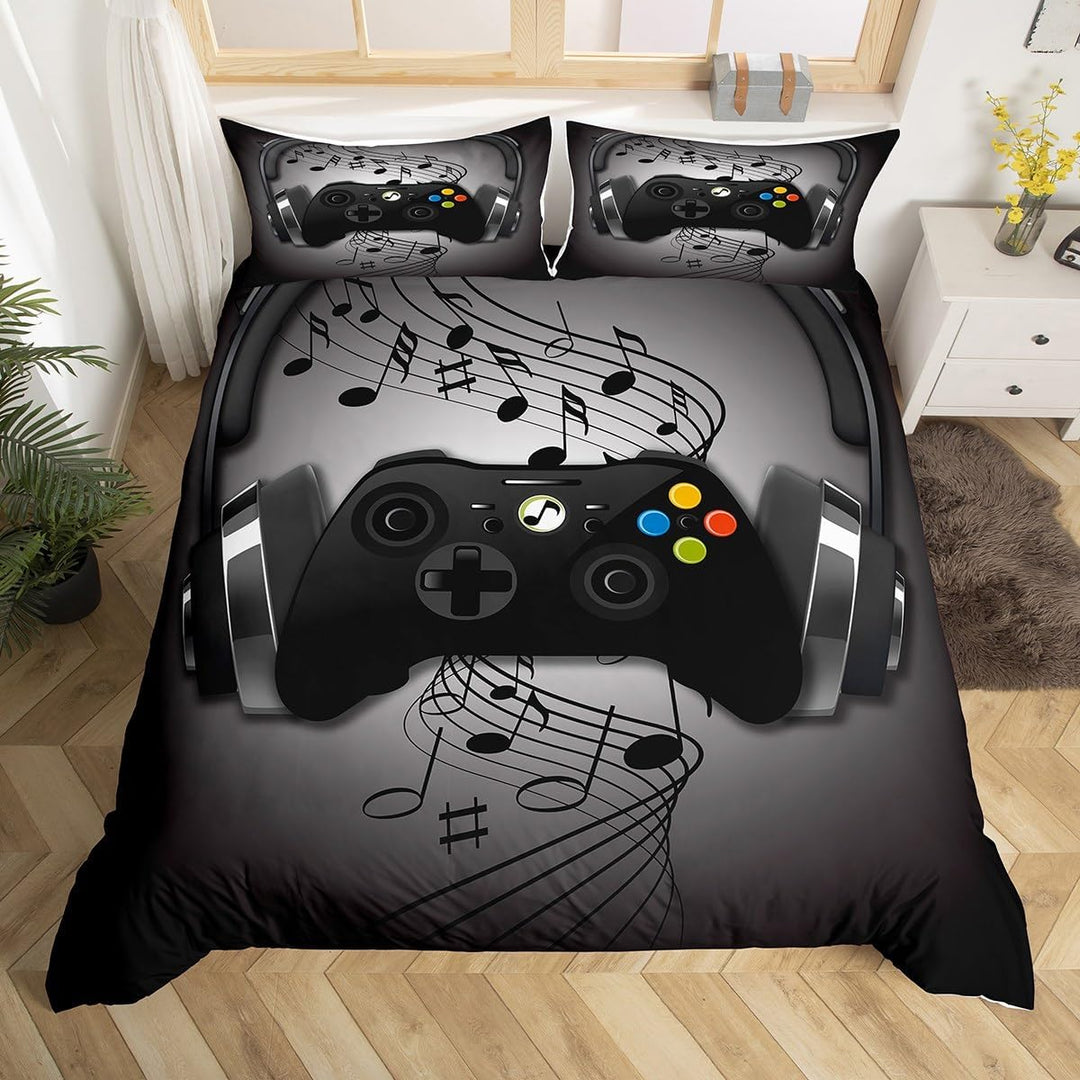 Spieler Bettbezug Schwarz Grau Kopfhörer Musikalisches Spiele Gamepad Trösterbezug für Kinder Jungen