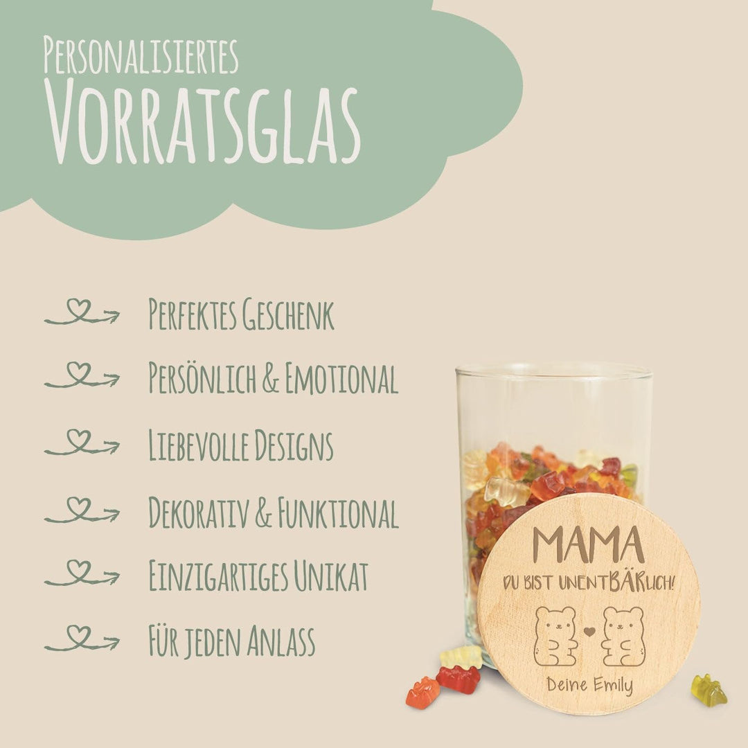 GRAVURZEILE Vorratsglas mit graviertem Holzdeckel - UnentBÄRlich Mama - Personalisiert mit Name - Ke