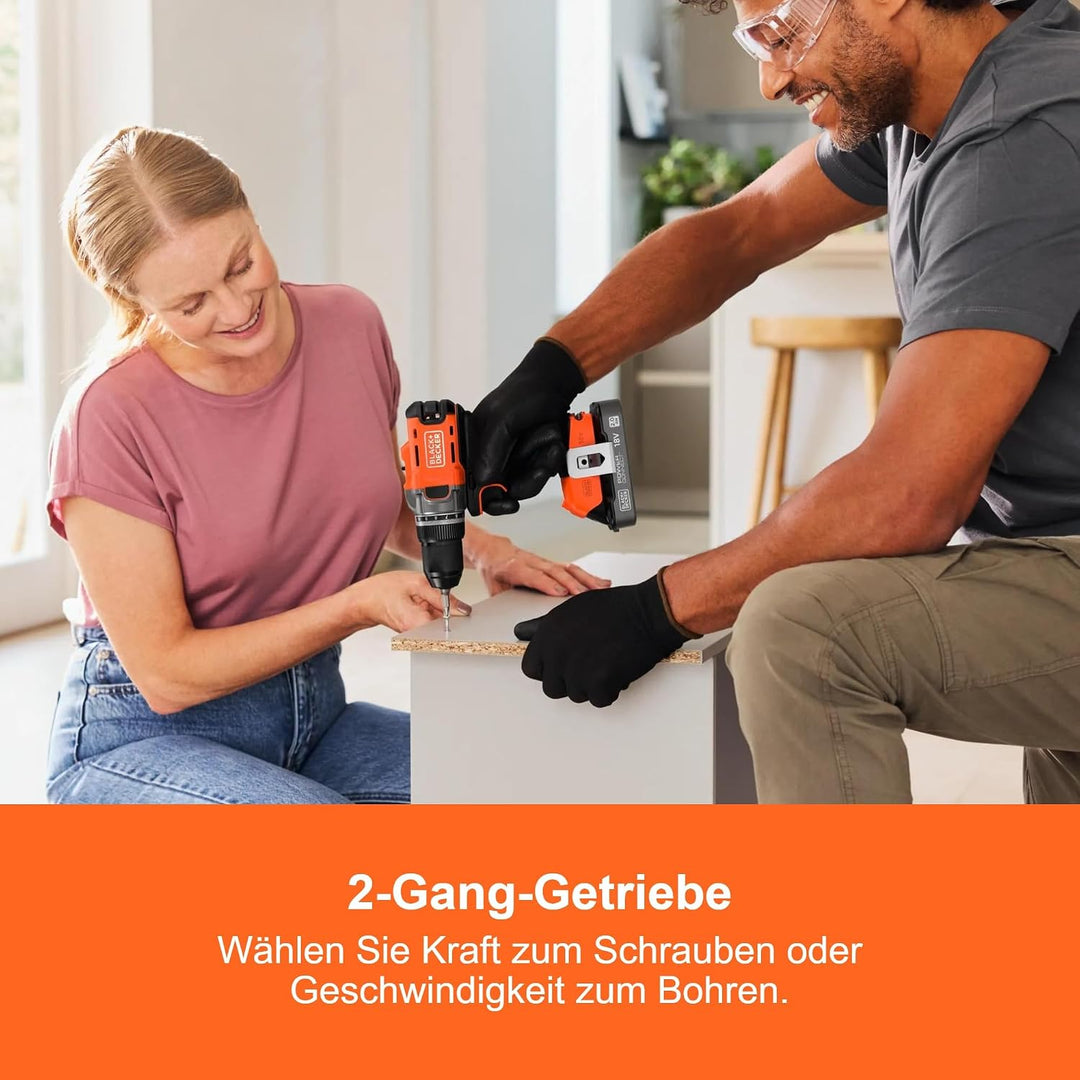 BLACK+DECKER POWERCONNECT 18V Akku-Bohrschrauber mit 2 x 2,0-Ah-Akkus, 1-A-Ladegerät und Kitbox, BCD