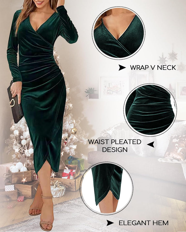 Yutdeng Winterkleid Damen Elegant Samtkleid Lang Abendkleid V-Ausschnitt Partykleid Bodycon Cocktail