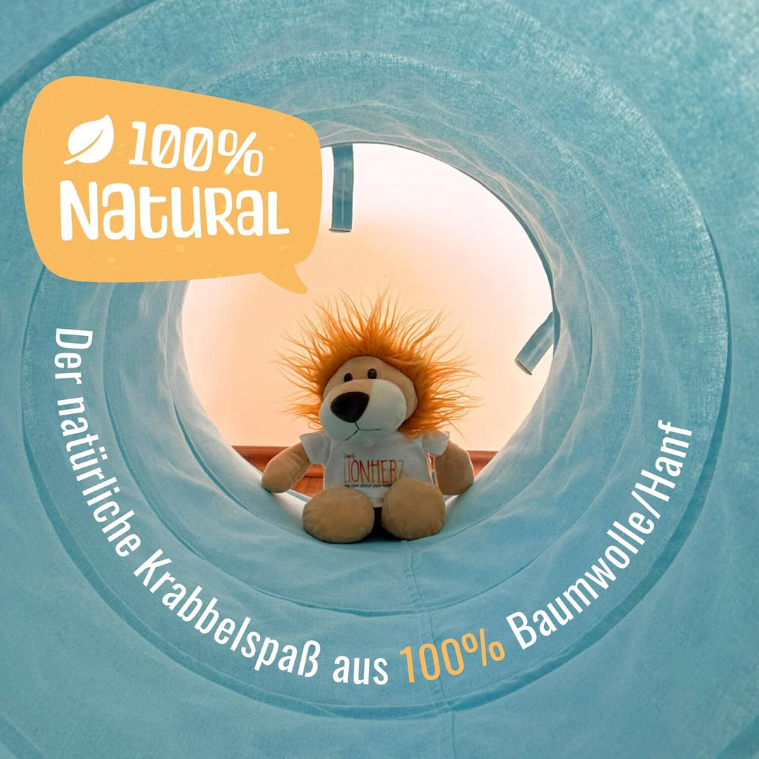 LIONHERZ® Spieltunnel für Kinder aus Baumwolle/Hanf mit Klettverschlüssen [180cm x 46cm] Krabbeltunn