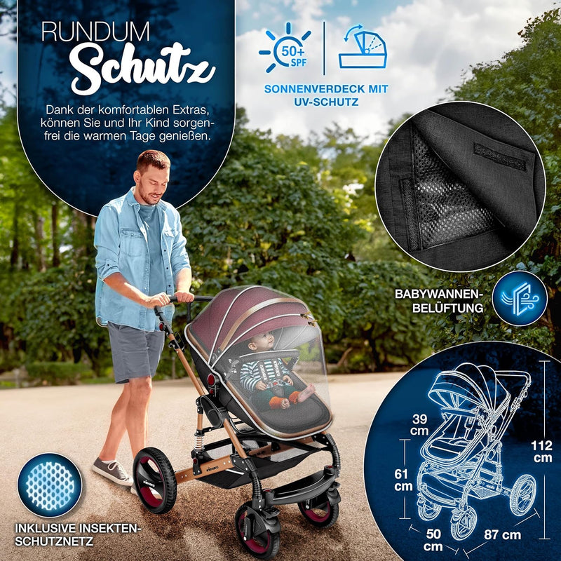 KIDUKU® 3 in 1 Kinderwagen XXL Komplettset | Kombikinderwagen Set inkl. Babywanne Buggy Sportsitz &