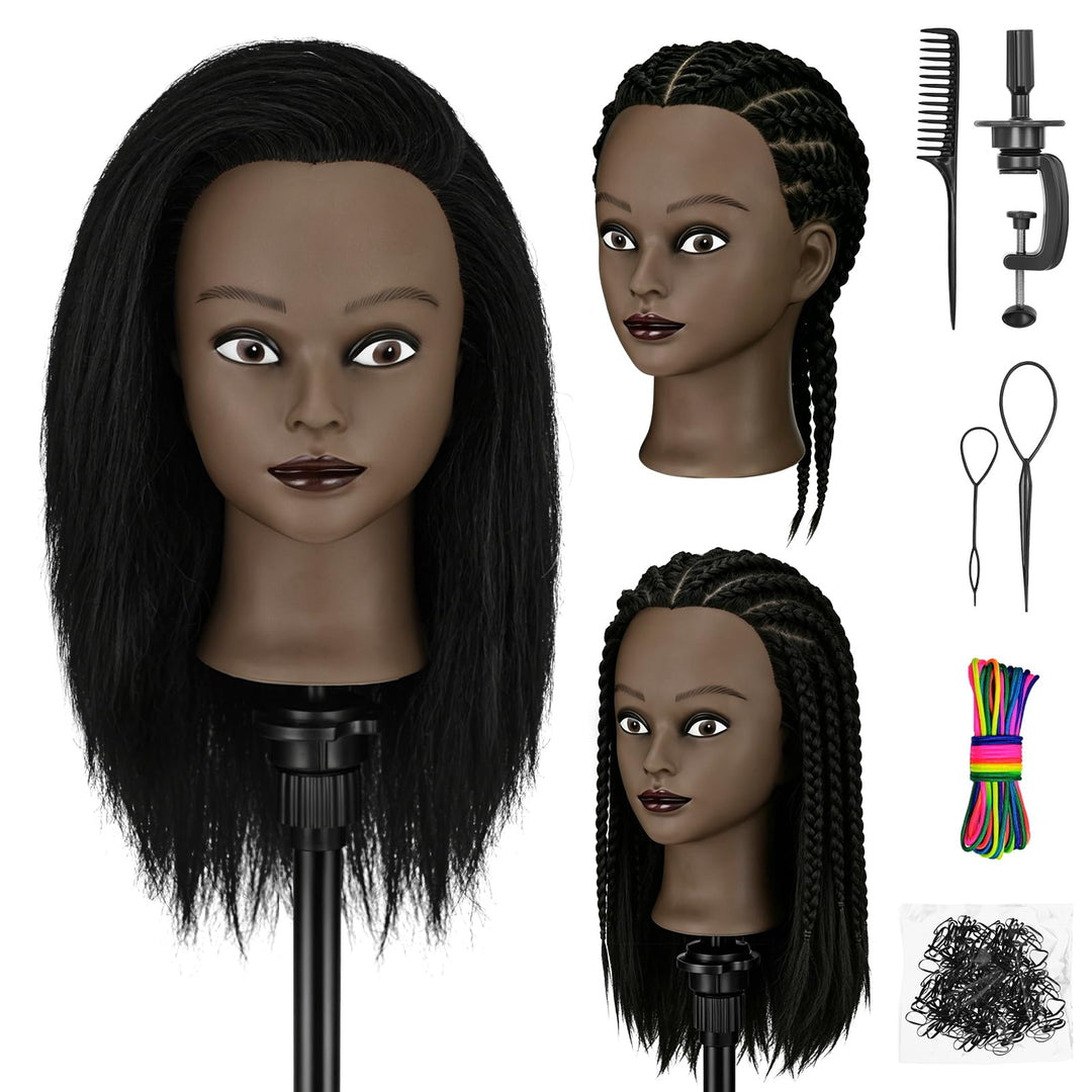 TwoWin 16 Zoll /40 cm Afro Trainingsköpfe für Friseure, Frisierkopf mit 100% Echthaar, Übungskopf Af
