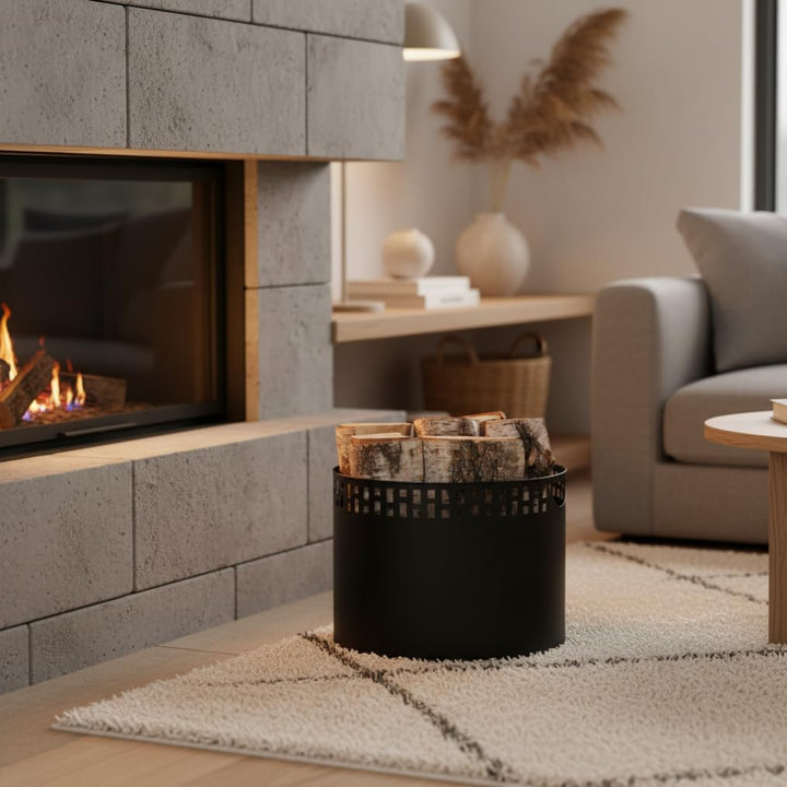 Kapaga – Kaminholzkorb 38 x 28 cm – Metall Schwarz pulverbeschichtet – Holzträger mit Muster – Robus