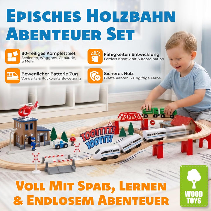 Green series Holzeisenbahn Set für Kinder - Eisenbahn Holz | Spielzeug Zug | Polizeistation, Autobah