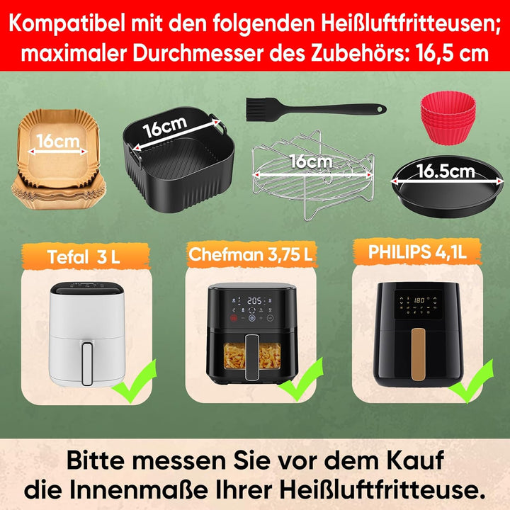Airfryer Zubehör für Chefman 3,75 l, Tefal Easy Fry Compact 3 L, Philips Essential 4,1L, 11 Stück He
