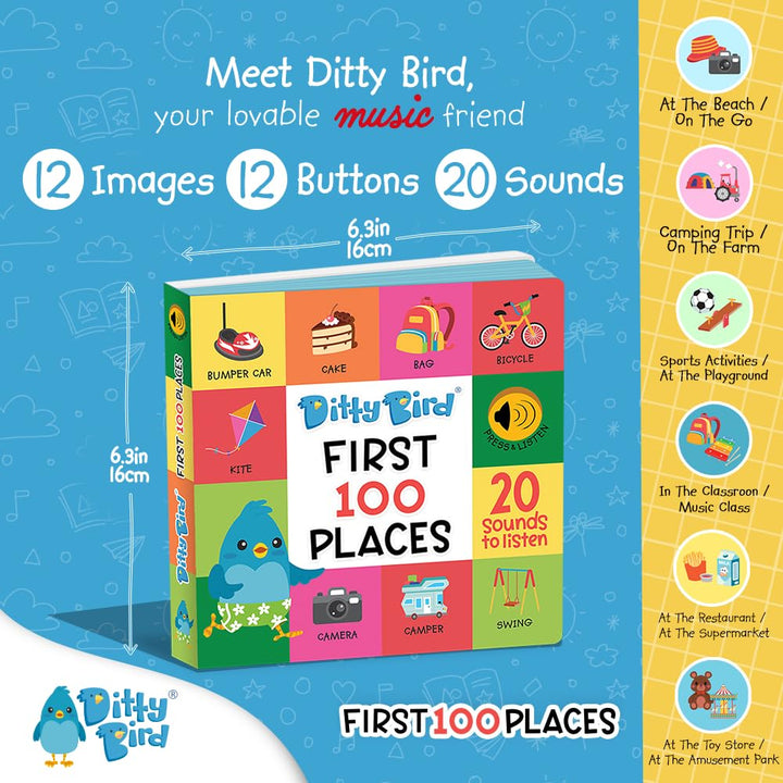 Ditty Bird Bücher: 100 Orte, 100 Wörter zum Lernen, Pappbücher für Kleinkinder 1-3, interaktive Büch