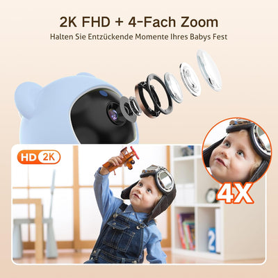 ACEBELL 2K Babyphone mit Kamera, PTZ 360° 5'' WLAN Video Babyphone mit App, 4×Zoom, Automatische Ver