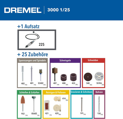 Dremel 3000 Multifunktionswerkzeug 130W, Set mit 1 Aufsatz, 25 Zubehörteilen, Variable Drehzal 10.00