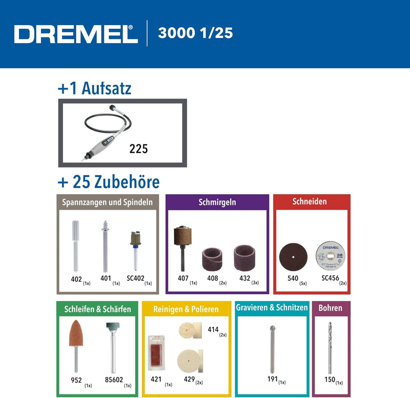 Dremel 3000 Multifunktionswerkzeug 130W, Set mit 1 Aufsatz, 25 Zubehörteilen, Variable Drehzal 10.00