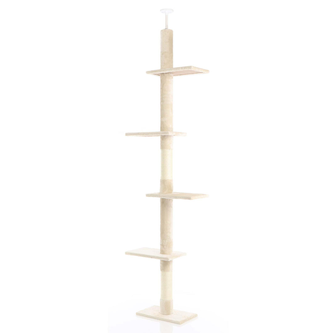 Fudajo Kratzbaum deckenhoch 230–276 cm in Beige, Katzenkratzbaum mit 4 Ebenen, Katzenbaum Deckenspan
