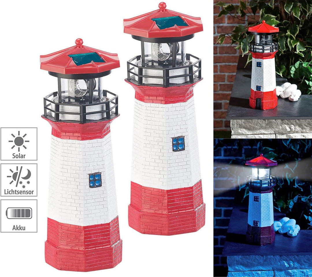 Lunartec Leuchtturm Deko Garten: 2er-Set Solar-Deko-Leuchttürme mit LED-Licht & drehendem Reflektor