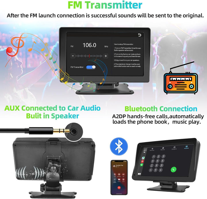 Podofo Tragbares Autoradio mit Kabellosem Apple Carplay und Android Auto, 7-Zoll HD Touchscreen, 7V-