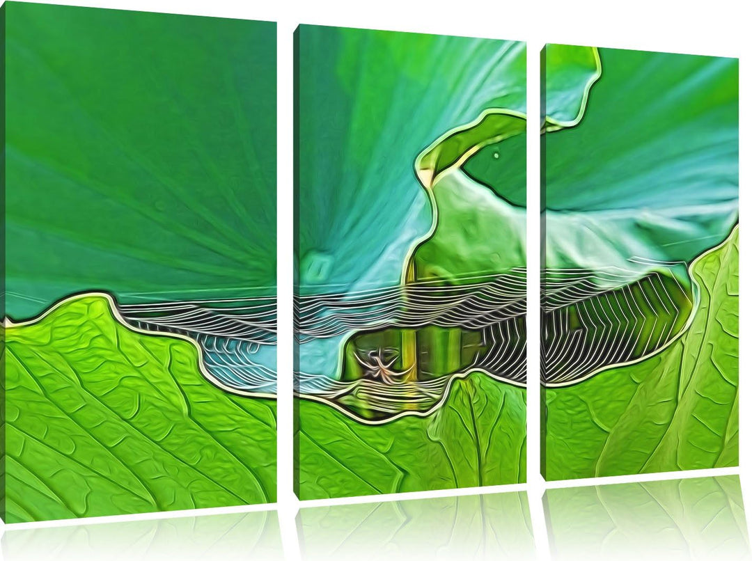 kleines Spinnennetz zwischen grossen Blättern NewArt 3-Teiler Leinwandbild 120x80 Bild auf Leinwand,