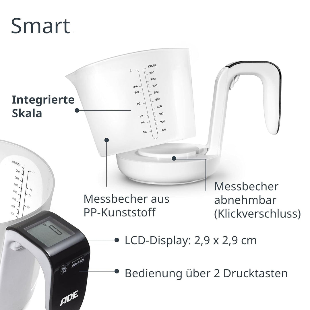 ADE Digitale Messbecher-Waage | Küchenwaage mit Messbecher zum Wiegen und Messen | Elektronische Mes