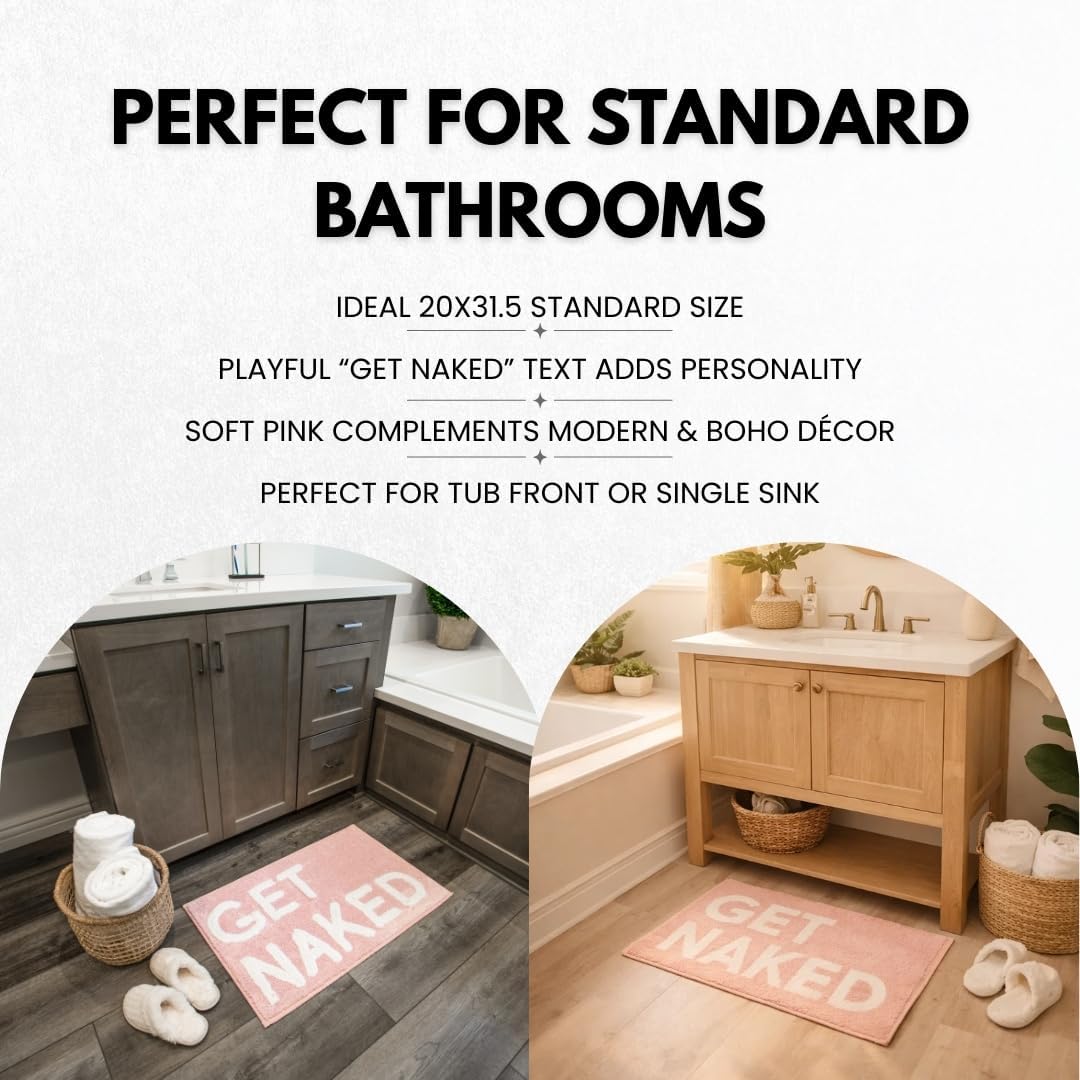 LABEND HOME Duschvorhang-Set mit Aufschrift Get Naked, lustiger Pfirsich-Badezimmerteppich, niedlich