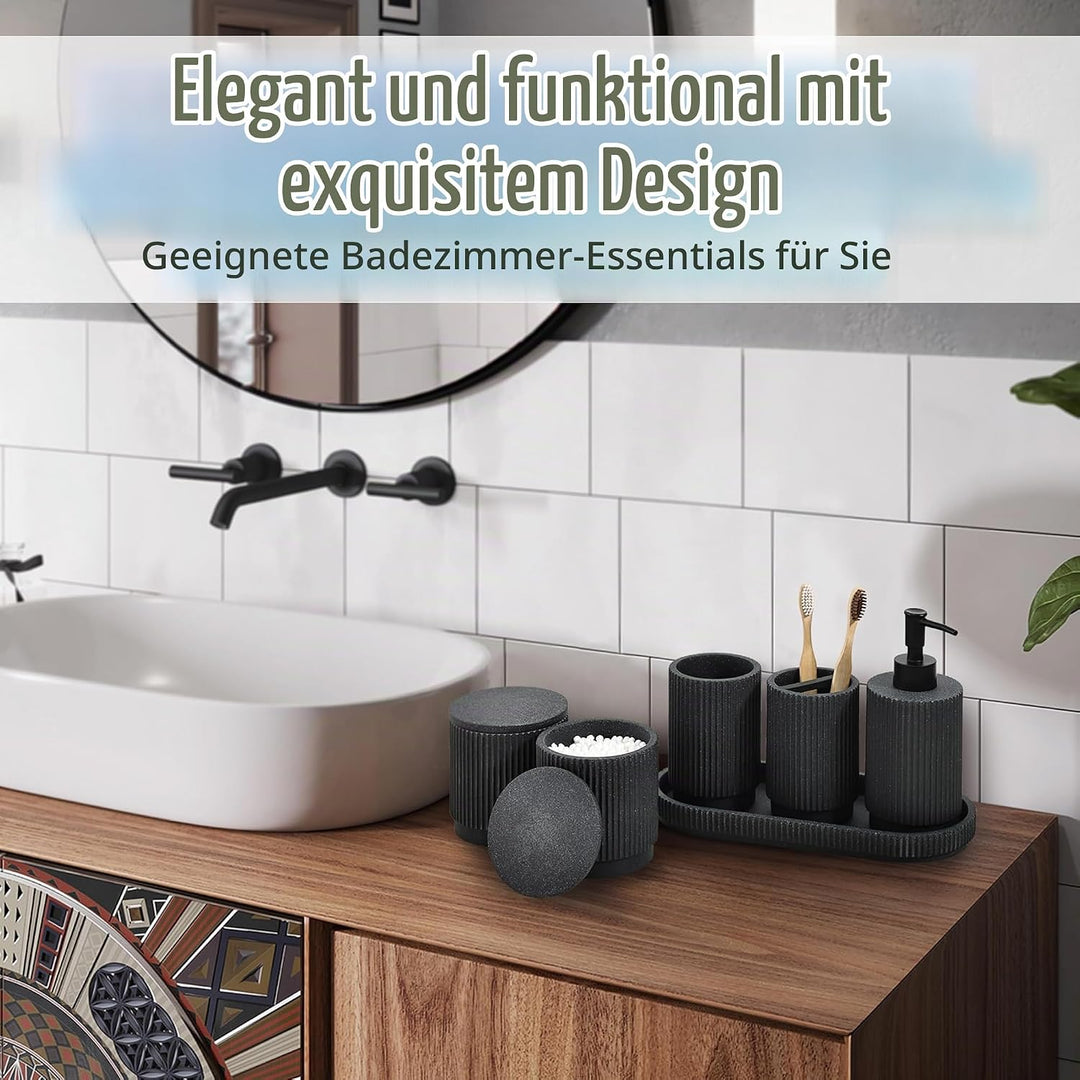 Badezimmer Set 6-TLG | Seifenspender + Zahnputzbecher mit Tablett &amp; Wattestäbchenbox | Design Streif