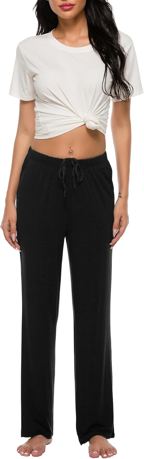 JINSHI Damen Schlafanzughose Lang Pyjamahose Weich Nachtwäsche Freizeithose XS Weinrot+ Schwarz, XS