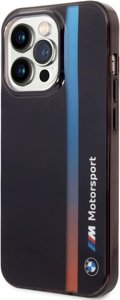 BMW Handyhülle für iPhone 14 Pro in Schwarz IML Strip Fading Tricolor, Anti-Kratzer PC/TPU, bequeme