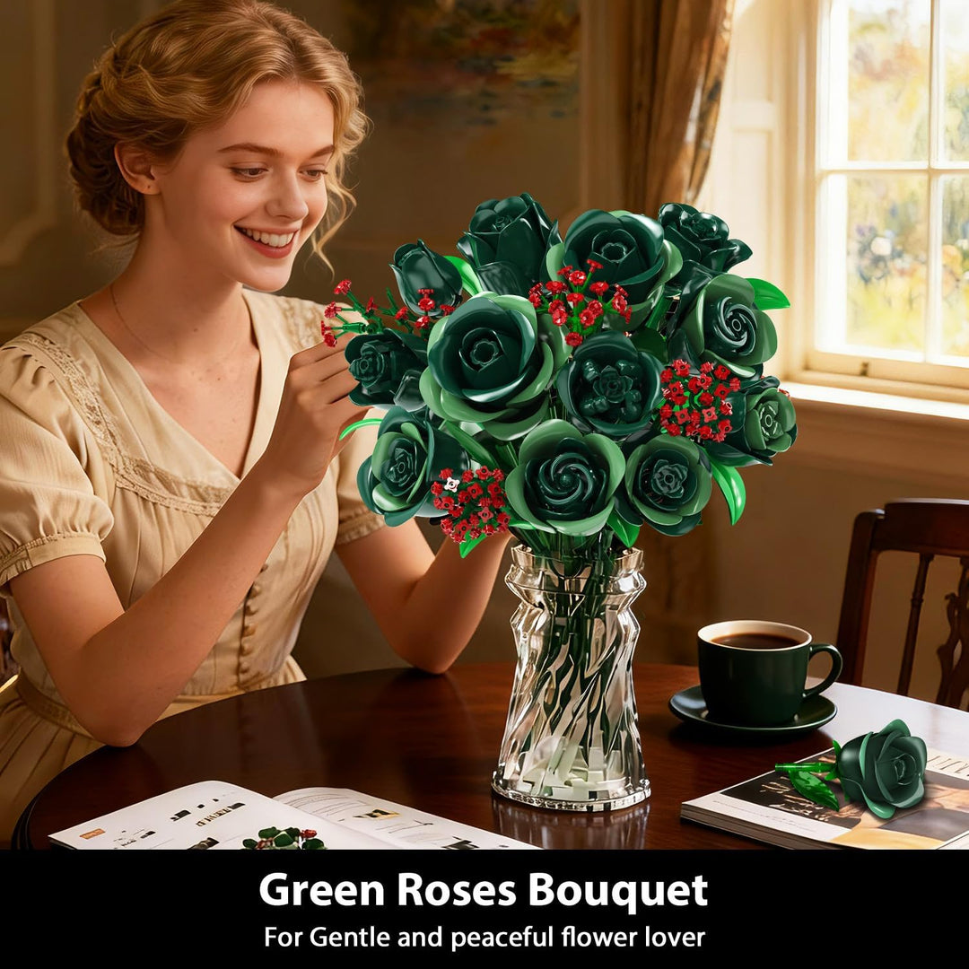Blumenstrauss Bausatz mit Licht, 16 grüne Rosen botanische Kollektion Bausteine für Erwachsene Mädch
