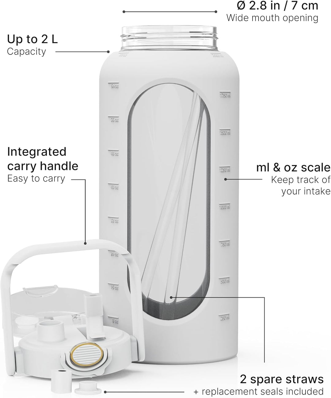 spottle Glasflasche 2 Liter - Trinkflasche 2L Glas mit Strohhalm - Grosse Wasserflasche mit Schutzhü