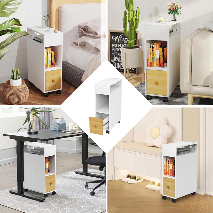 PIPIPOXER Nachttisch schmal mit Rollen, kleiner Nachttisch, Eichenfarben, mit 1 Schublade, USB-Ansch