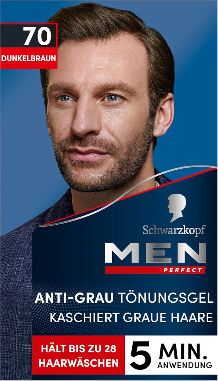 Schwarzkopf Men Perfect Anti-Grau Tönungs-Gel 70 Dunkelbraun (3 x 80 ml), Haarfarbe für Männer blend