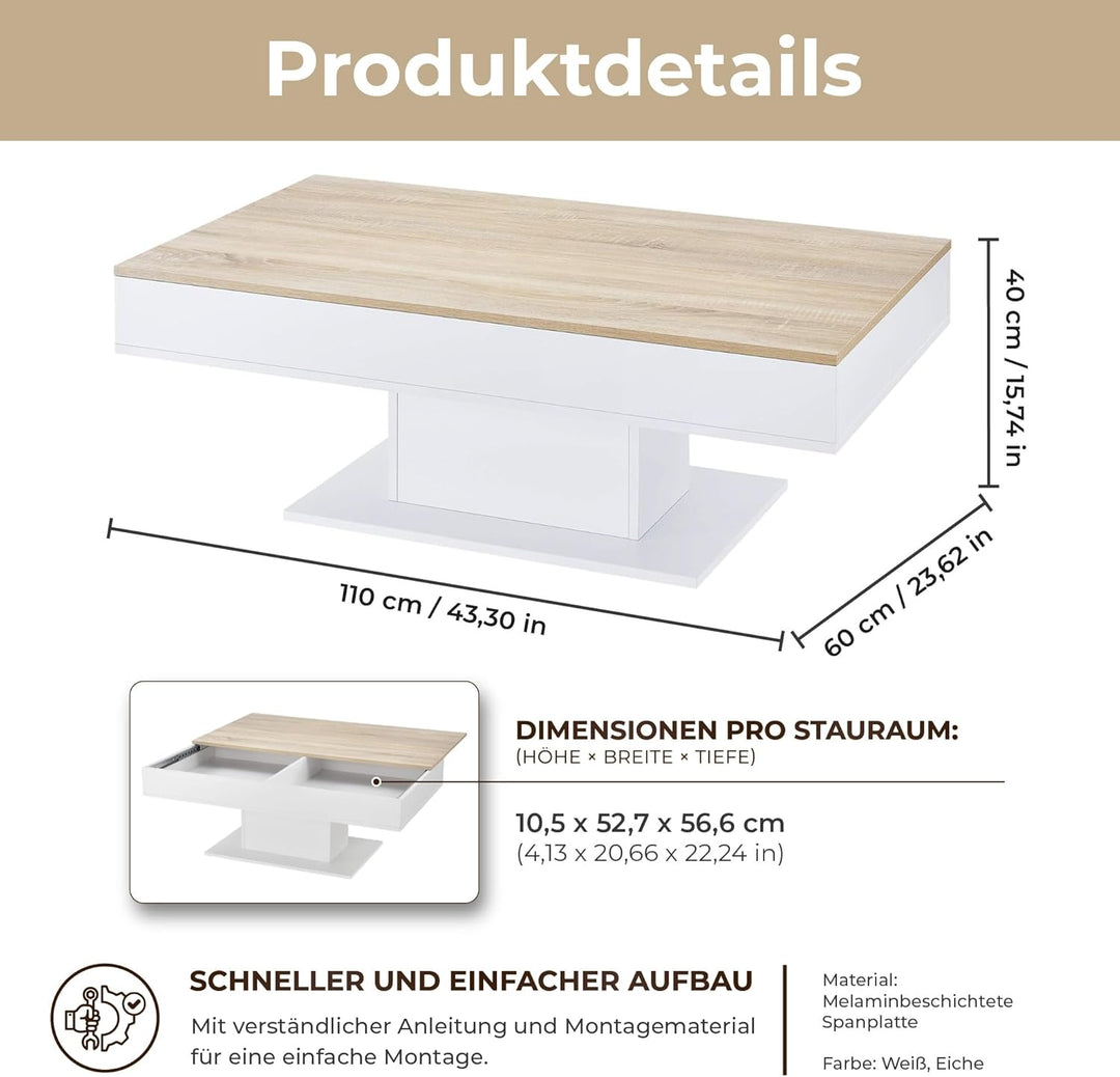 [en.casa] Couchtisch mit 2 Staufächern unter Schiebeplatte Wohnzimmertisch mit Truhefunktion Kaffeet