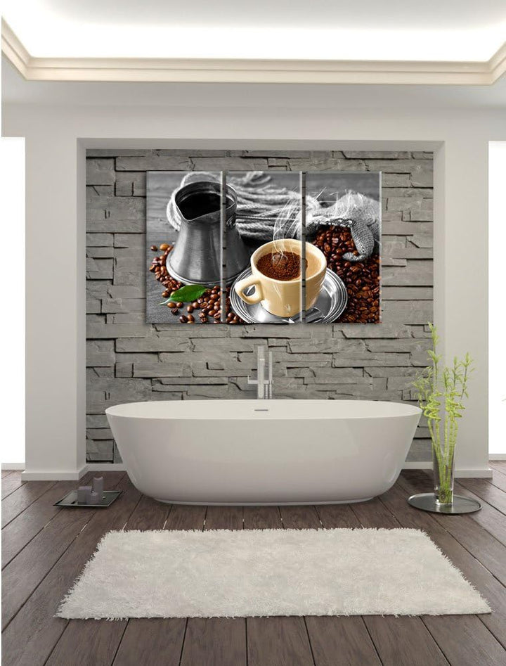 Pixxprint Dampfender Kaffe mit Kännchen schwarz/weiss 3-Teiler Leinwandbild 120x80 Bild auf Leinwand