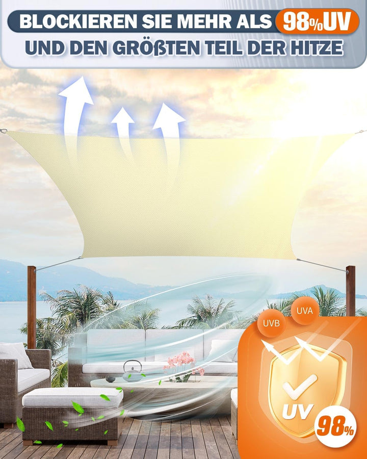 Sonnensegel Wasserdicht 3x4m Rechteckig, Premium HDPE 98% UV Atmungsaktiv, Mit Befestigung Set Und R