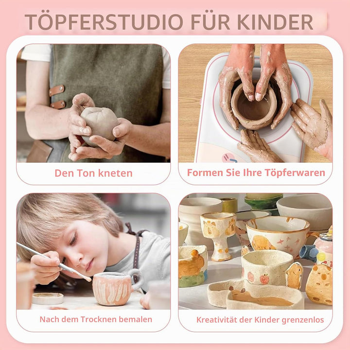 Skirfy Töpferset für Kinder, Töpferscheibe Elektrisch für Kinder, Mini Töpferscheibe mit Töpferton,T