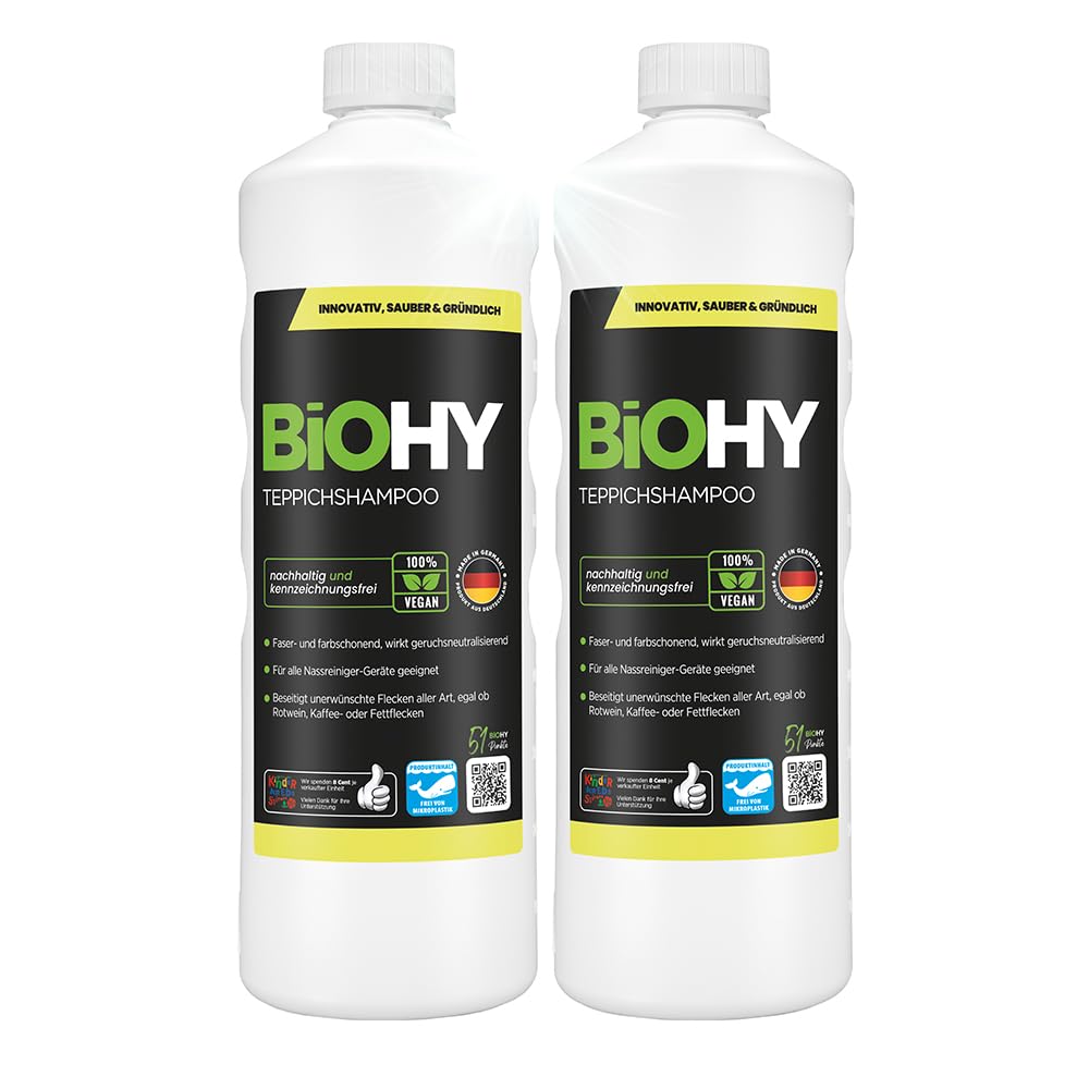 BiOHY Teppichshampoo (2 x 1 liter) | Teppichreiniger Konzentrat | ideal gegen hartnäckige Flecken |