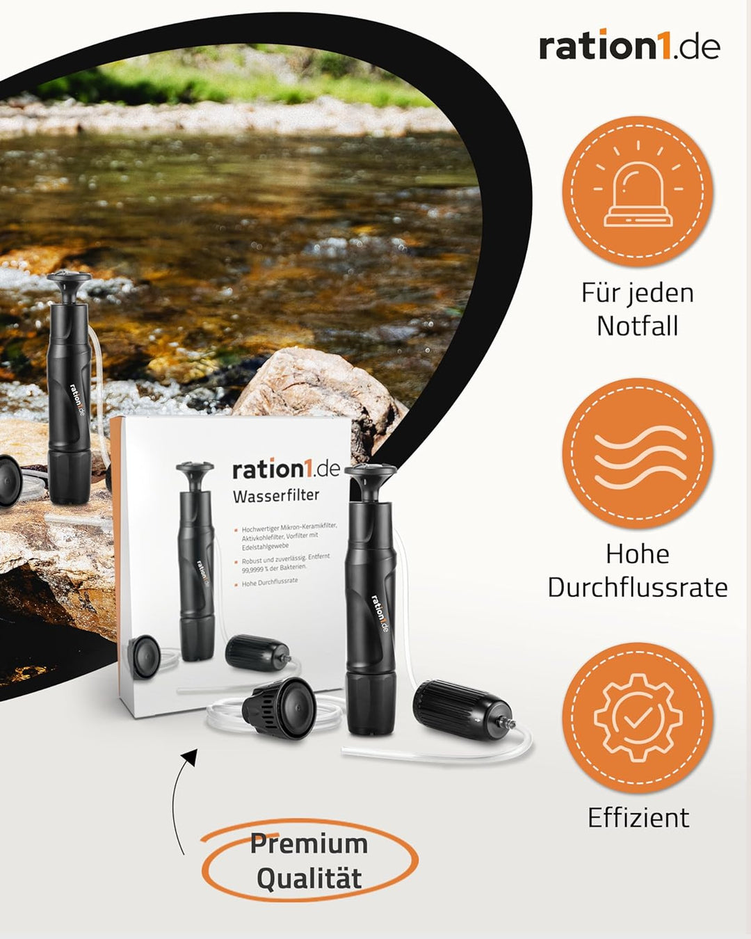 ration1 Wasserfilter mit hoher Durchflussrate von 1,1 Liter pro Minute. Der Pumpfilter entfernt 99,9