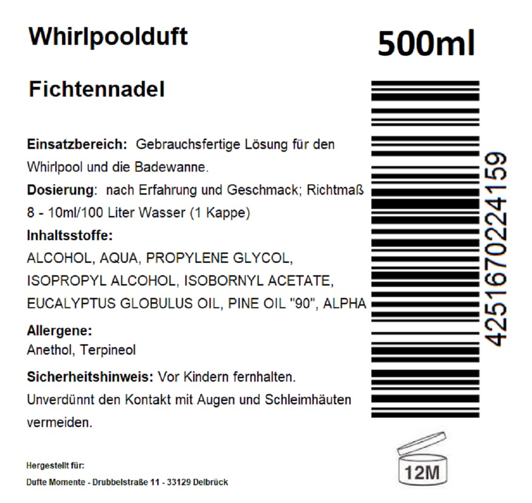 Dufte Momente | Whirlpool Duft 500ml | Fichtennadel | mit naturreinen und natürlichen ätherischen Öl
