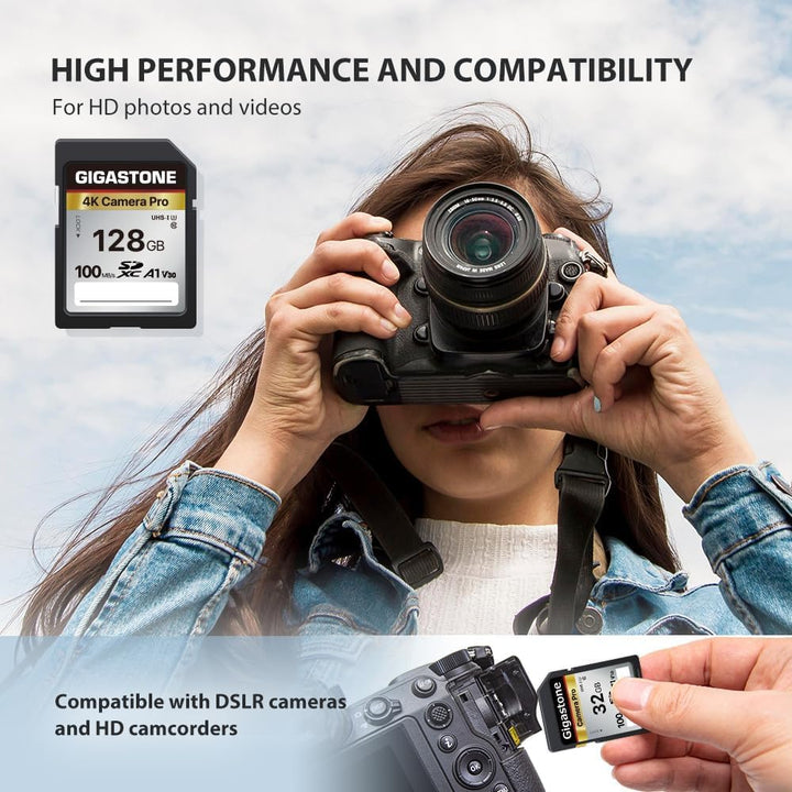 GIGASTONE 128GB SDXC Speicherkarte mit USB-Typ-C-Kartenleser, 4K Kamera Pro, bis zu 100 MB/s, für Vi