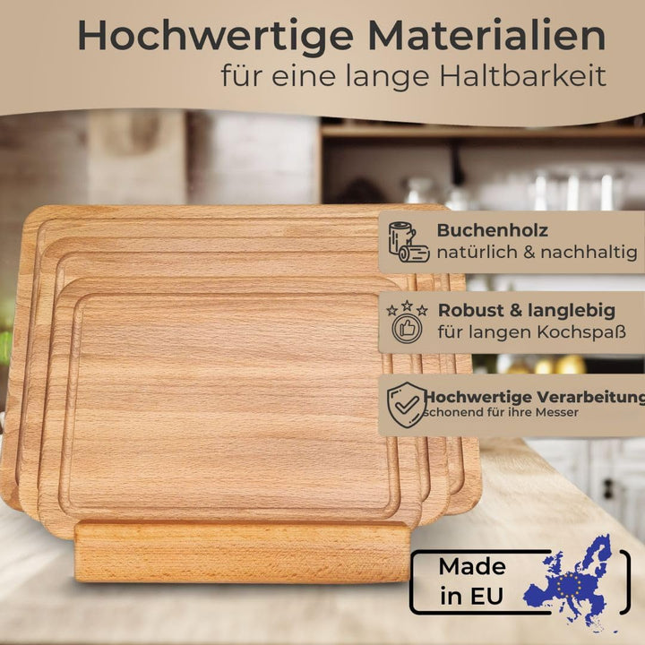 3er Schneidebrett Set - Made in EU,mit Ständer in Premium Qualität Buche, Grösse 27/30/40 cm, Küchen