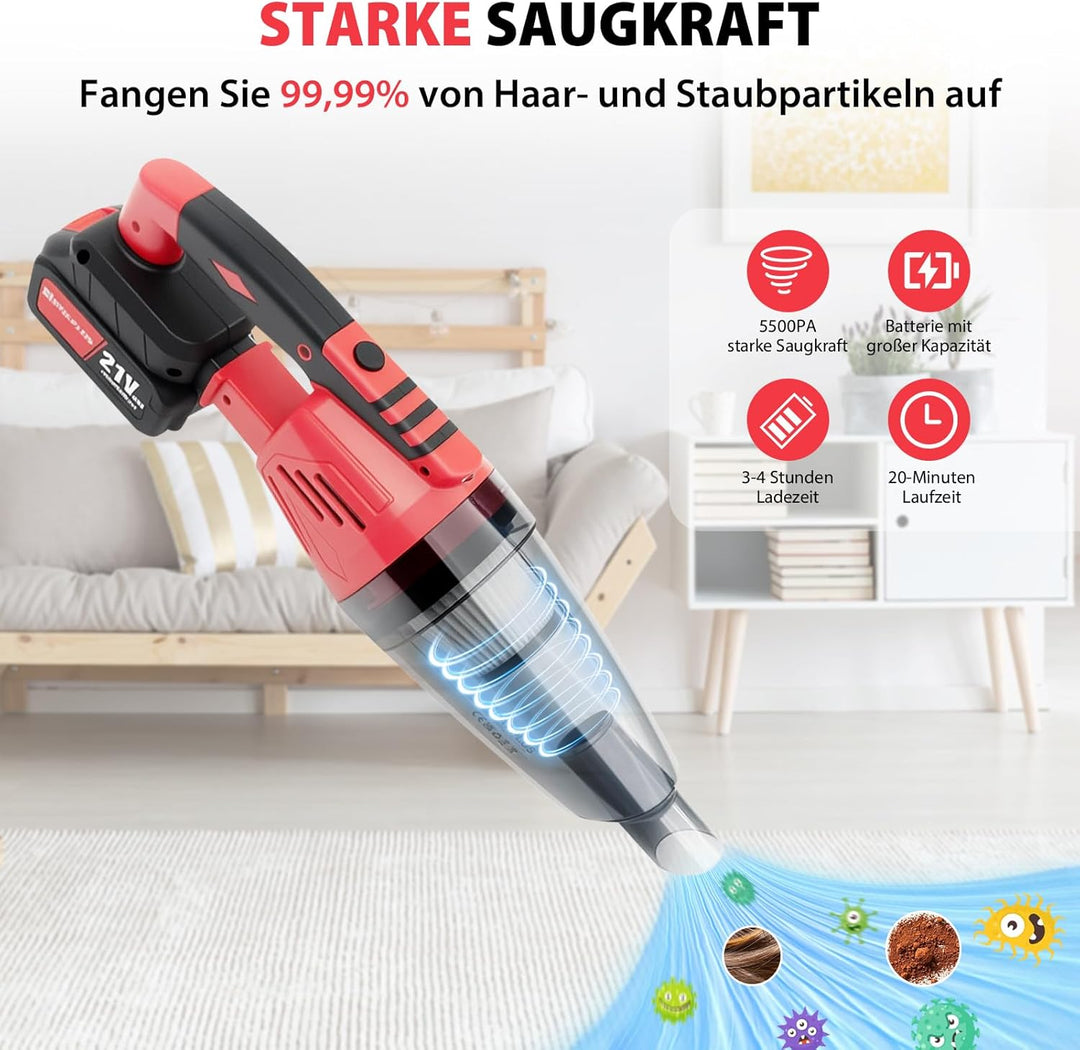 Handstaubsauger 21V 5501Pa mit Ladestation Handstaubsauger Akku Beutellos Nass&Trocken mit Waschbar
