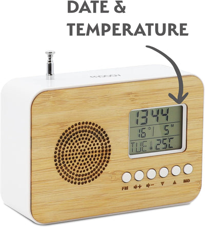 Mooov 477320 Reisewecker Bamboo, LCD-Display, integriertes Radio, Sleep-Funktion, Innentemperaturanz