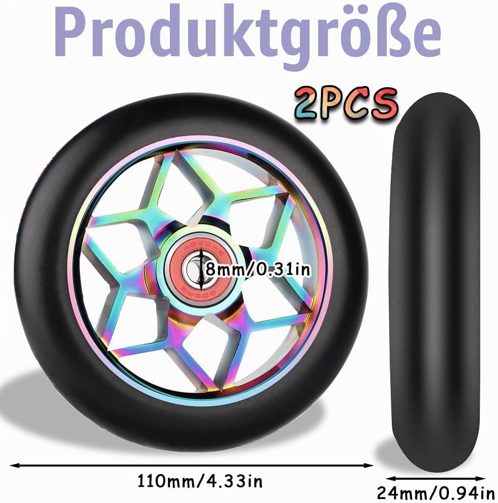 Stunt Scooter Rollen, 2 Stück Ersatzräder für Scooter, 110mm Stunt ScooterReifen mit ABEC, Aluminium
