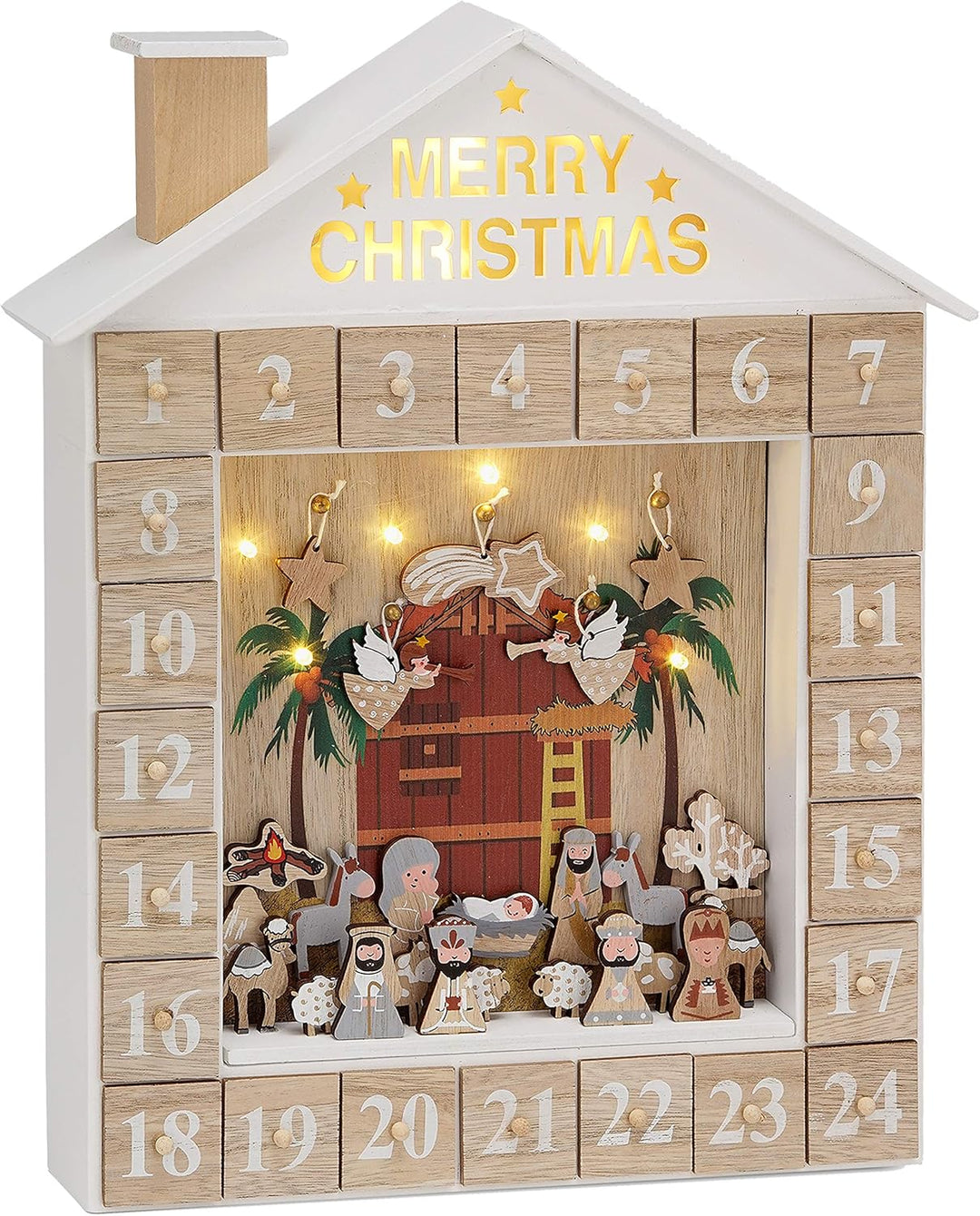 BRUBAKER Adventskalender aus Holz zum Befüllen - Bibelgeschichte Krippe mit LED Beleuchtung - Wieder