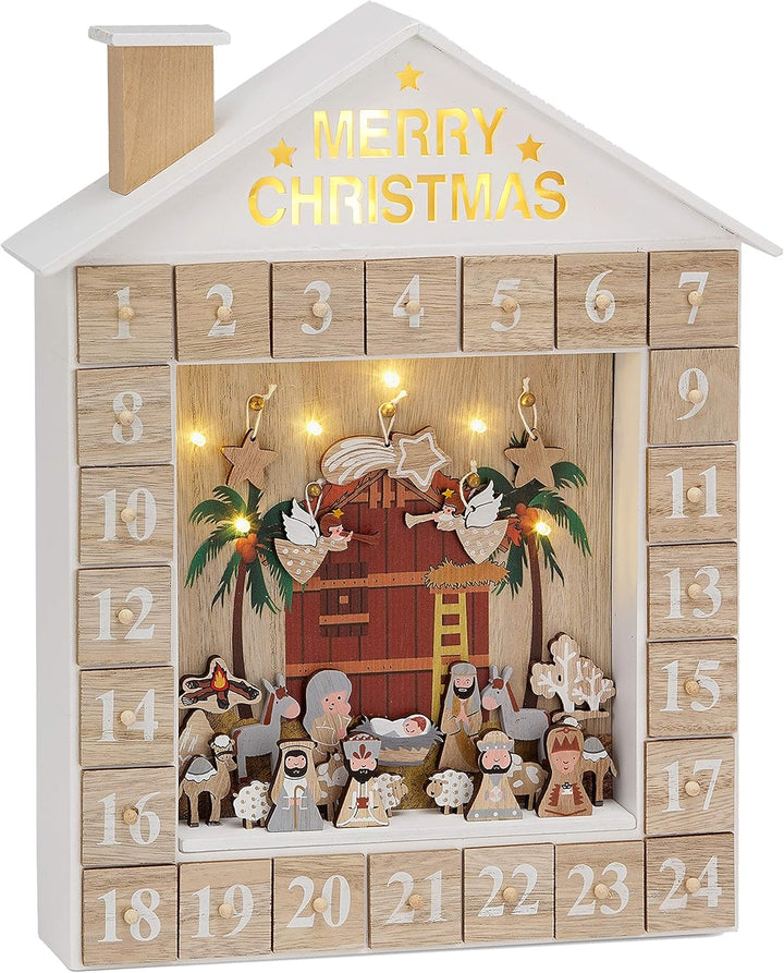 BRUBAKER Adventskalender aus Holz zum Befüllen - Bibelgeschichte Krippe mit LED Beleuchtung - Wieder