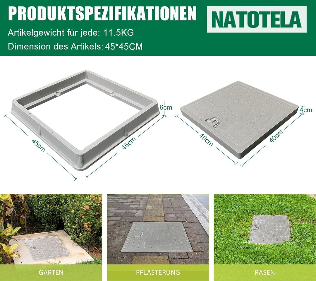 GFK-Schachtabdeckung mit Rahmen Griff 450 x 450 mm EN124 A15 Schachtdeckel Kanaldeckel Revisionsscha