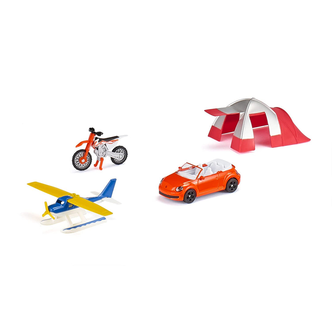 siku 6325, Freizeit-Set, Inkl. Cabrio, Cross-Motorrad, Wasserflugzeug und Zelt, Metall/Kunststoff, M
