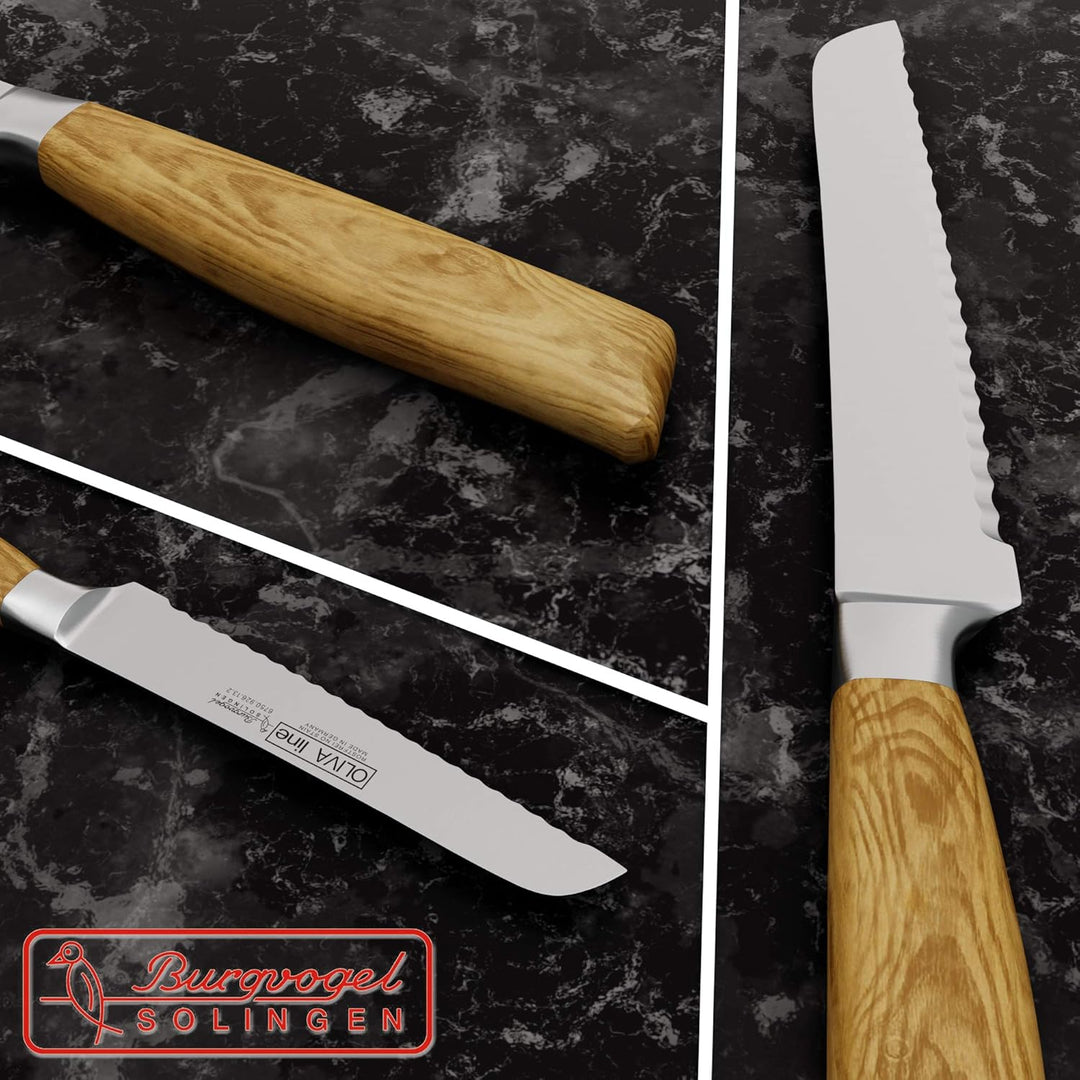 Burgvogel Solingen Brötchenmesser 13 cm geschmiedet Olivenholz, Oliva Line, Wellenschliff, rostfrei,