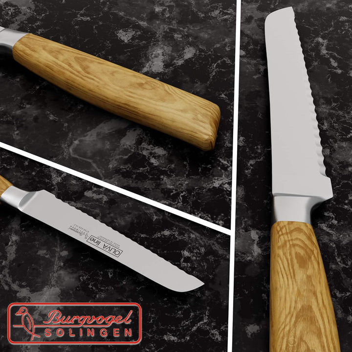 Burgvogel Solingen Brötchenmesser 13 cm geschmiedet Olivenholz, Oliva Line, Wellenschliff, rostfrei,