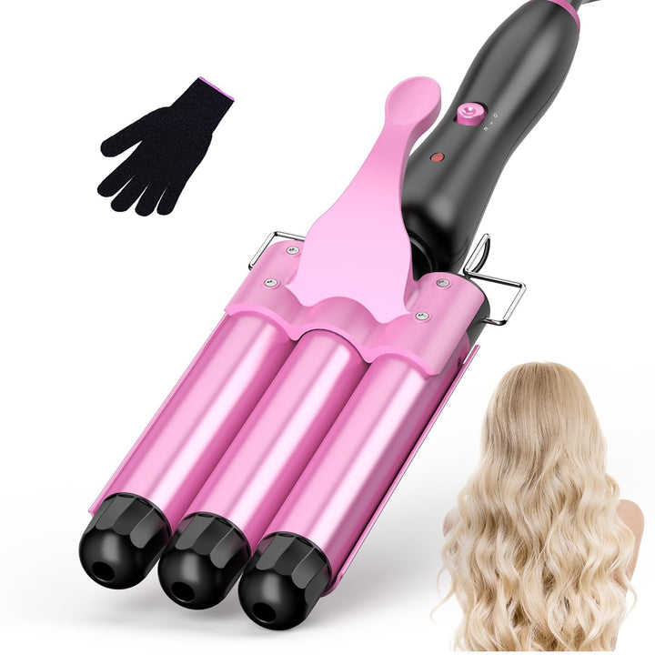 25 mm Welleneisen Haare, 3 Fässer Beach Wave Lockenstab, Keramik Lockeneisen mit 2 Temperaturen 150-