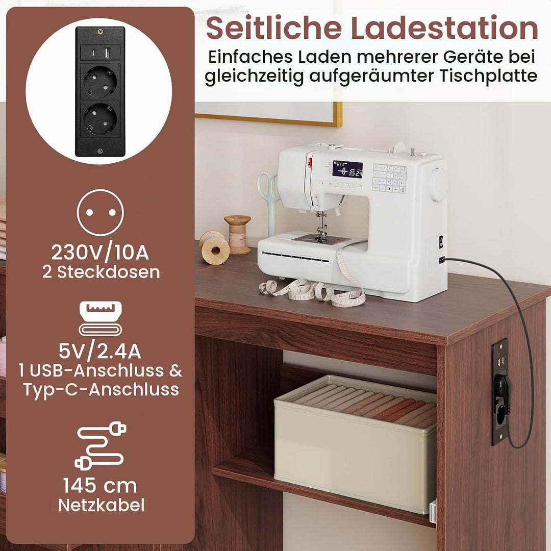 GIANTEX Nähtisch mit Ladestation, Nähmaschinentisch klappbar, Nähschrank mit Rollen, Nähmaschinensch