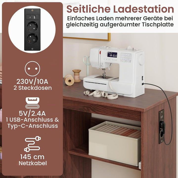 GIANTEX Nähtisch mit Ladestation, Nähmaschinentisch klappbar, Nähschrank mit Rollen, Nähmaschinensch