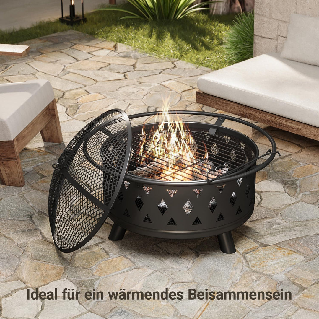 Xbro Ø 76 cm Feuerschale mit Funkenschutz und Schürhaken,Feuerschale für den Garten, mit Grillrost,